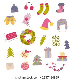 Collection of hand drawn winter and Christmas items in trendy doodle style. Colourful vector illustration