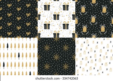 Collection of hand drawn winter holidays seamless patterns with Christmas trees, bells, snowflakes, bows, gift boxes, stars and Polka dots.