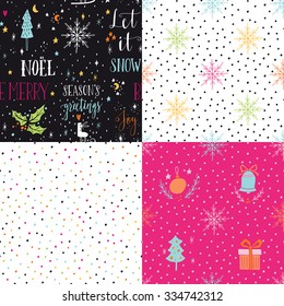 Collection of hand drawn winter holidays seamless patterns with lettering, Christmas trees, bells, snowflakes, balls, gift boxes, stars and Polka dots.