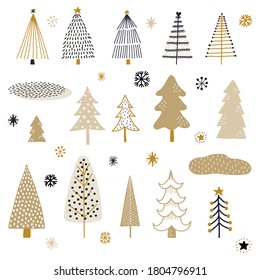 Collection of hand drawn winter trees, stars, and snowflakes. Whimsical doodles.