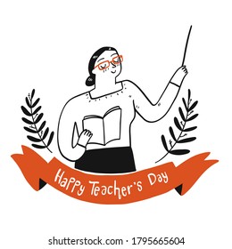 Collection of hand drawn a women teacher holding a book with the happy teacher's day sign.