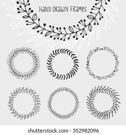 Collection of hand drawn wreaths, vector set of doodle frames
