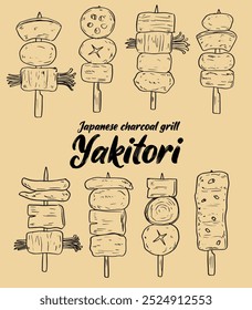 Coleção de desenhado à mão Yakitori japonês carvão grill skewers alimento vetor ilustração set3