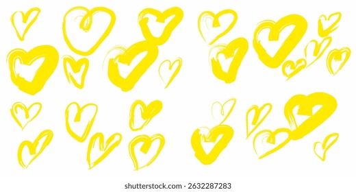 Collection of hand drawn yellow heart illustrations on white background. Expressive, sketchy and romantic doodles suitable for Valentine's Day, love themes, greeting cards.
