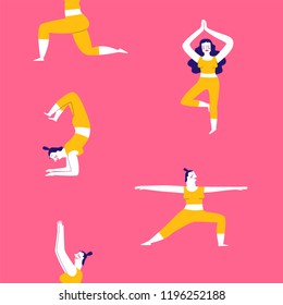 Collection of hand drawn yoga exercises poses for women. Vector illustrations in sketch doodle style.