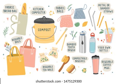 Collection of hand drawn zero waste elements. Ecological lifestyle vector illustrations in modern trendy flat cartoon style. Reusable bags, brushes and bottles, kitchen composter, isolated on white.