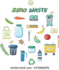 Collection of hand drawn zero waste elements. Ecological lifestyle vector illustrations in modern trendy flat cartoon style. Reusable bags, brushes and bottles, kitchen composter, isolated on white