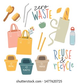 Collection of hand drawn zero waste elements and lettering quotes. Ecological lifestyle vector illustrations in modern trendy flat cartoon style. Reusable bags, brushes and bottle, isolated on white.