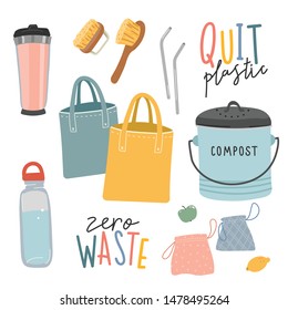 Collection of hand drawn zero waste elements and lettering quotes. Ecological lifestyle vector illustrations in modern trendy flat cartoon style. Reusable bags, brushes and bottle, composter isolated 