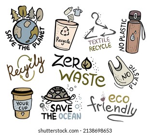 Sammlung von handgezeichneten Nullabfallelementen. Eco Lifestyle Vektorgrafiken im modernen, trendigen Cartoon Stil. Kein Kunststoff, Ihre Tasse, Wasserflasche, retten den Planeten, recyceln, keinen Abfall.
