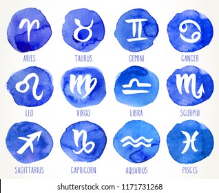 Collection of hand drawn zodiac signs. Astrology design elements set. Vector graphic illustration in blue watercolor circles isolated over white.