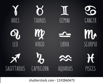 Collection of hand drawn zodiac signs. Vector graphics astrology set in white over black.