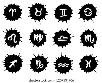 Collection of hand drawn zodiac signs. Vector graphics astrology set. Black ink blots isolated over white background.