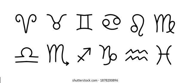 Collection of hand drawn zodiac signs in doodle style. Astrology vector graphics set. Illustration in black over white in isolation. Icons of all signs of the horoscope.