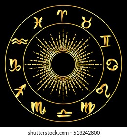 Collection of hand drawn zodiac signs in a circle around the sun. Vector graphics astrology set. Illustration in golden over black.