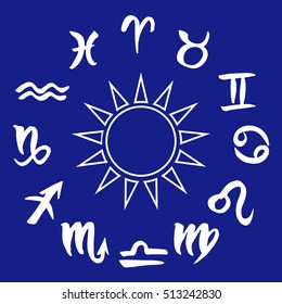 Collection of hand drawn zodiac signs forming a circle around the sun. Vector graphics astrology set. Brush illustration in white over blue.