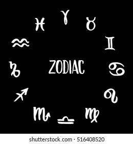 Collection of hand drawn zodiac signs forming a circle. Vector graphics astrology set. Brush illustration in white over black.