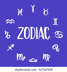 Collection of hand drawn zodiac signs forming a circle. Vector graphics astrology set. Brush illustration in white over blue.