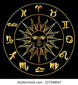 Collection of hand drawn zodiac signs in a circle around the sun. Vector graphics astrology illustration in golden over black.