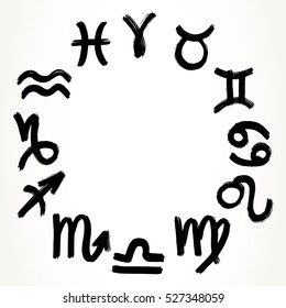 Collection of hand drawn zodiac signs forming a circle. Vector graphics astrology set. Rough brush illustration in black over white.