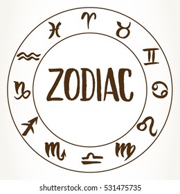 Collection of hand drawn zodiac signs in a circle. Vector graphics astrology set. Brush illustration in brown over beige.