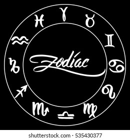 Collection of hand drawn zodiac signs in a circle. Vector graphics astrology set. Brush illustration in white over black.