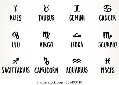Collection of hand drawn zodiac signs and names. Vector graphics astrology set. Brush illustration in black and white.