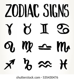 Collection of hand drawn zodiac signs. Vector graphics astrology set in black isolated over white.