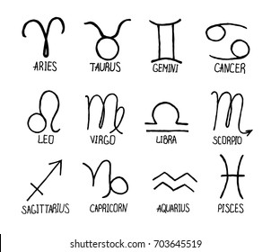 Collection of hand drawn zodiac signs and their names on white background. Vector graphics astrology set.