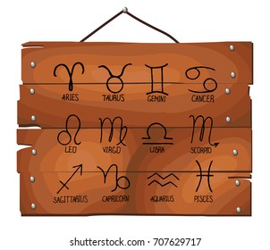 Collection of hand drawn zodiac signs and their names on wooden plank background. Vector graphics astrology set.