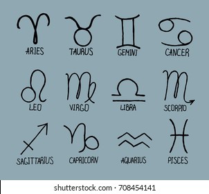 Collection of hand drawn zodiac signs and their names on blue background. Vector graphics astrology set.