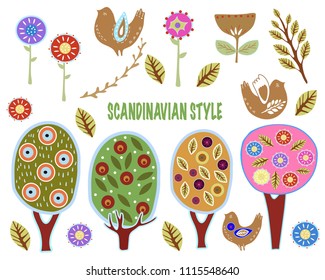 Collection of hand draw.Scandinavian style. Decorative trees and birds . Transparent background. For your design and creativity