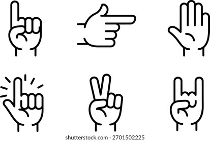 Eine Sammlung von Handgesten-Symbolen. Jedes Symbol stellt ein anderes Handsignal dar, einschließlich Pointing, Peace, Rock and Roll und mehr. Einzeln auf weißem Hintergrund.