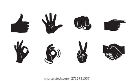 Sammlung von Handgesten-Symbolen. Umfasst Daumen nach oben, offene Handfläche, Faust, Zeige, OK, Fingerabdruck, Frieden, Handschlag und andere verschiedene Kommunikationszeichen