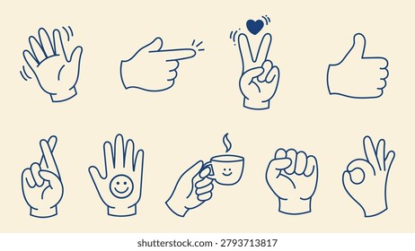 A collection of hand gesture illustrations rendered in clean blue outline style against a warm cream backdrop. The set includes open palm waving fingers pointing.