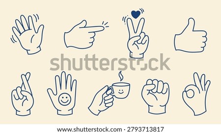 A collection of hand gesture illustrations rendered in clean blue outline style against a warm cream backdrop. The set includes open palm waving fingers pointing.