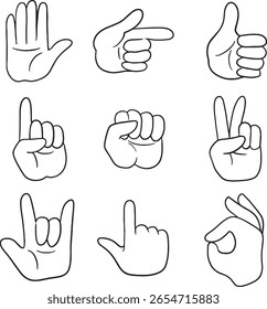 Colección de línea de gestos de mano, perfecto para iconos, ilustraciones o materiales educativos. Incluye varias poses como pulgares hacia arriba, señalar, paz y palmas abiertas, ofreciendo una comunicación diversa.