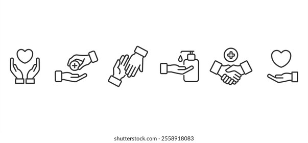 Collection of hand gesture linear icons used in health themes. handshake, peace and love. Hand icon set. Contains gestures, collection of vector icons in line form isolated on transparent background.  - Powered by Shutterstock - Get 15% off with code: PIKWIZARD15