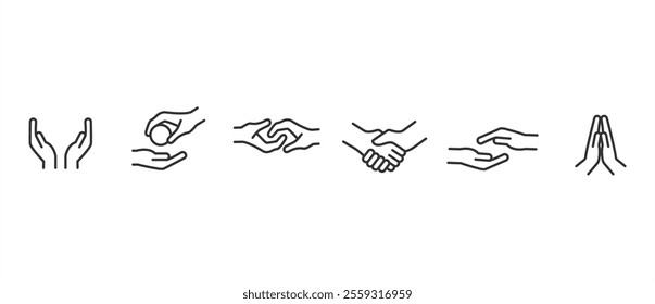 Collection of hand gesture linear icons set. Handshake, peace and love. Hand icon set. Contains hand gestures vector icons in line form isolated on transparent background. Editable stroke.