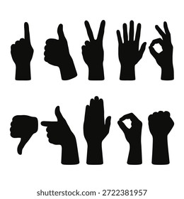 Collection of Hand Gesture Silhouettes Featuring Thumbs Up, Peace Sign, OK, and Communication Symbols