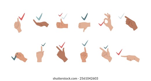 Collection of hand gestures with check, choice, approved symbol. Icons of mark, ok, certified, true, vote, confirm, agree, tested. Good job, well done sign. Vector illustration