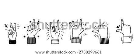Collection Of Hand Gestures In Doodle Style With Decorative Symbols