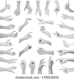collection of hand in gestures with gray shade color on white background.