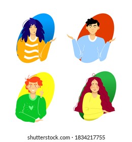 Collection of hand gestures. A set of happy and contented people. The girl offers, the man claims. The girl shows that she doesn't know the answer. The guy doesn't understand the question. 