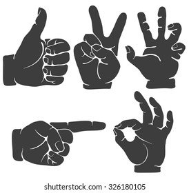 Colección de gestos a mano. Silhouettes, ilustración vectorial, aislado en blanco.