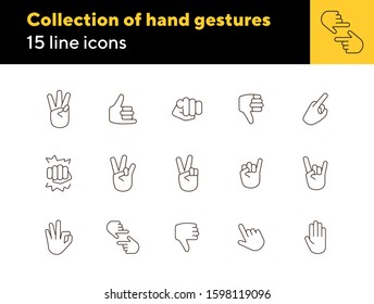 Collection of hand gestures thin icons. Gesturing isolated sign pack. Sign language concept. Vector illustration symbol elements for web design