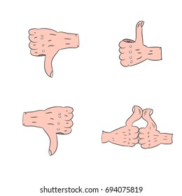 Collection of hand gestures, thumbs up, finger down, cartoon cartoon on a white background.vector