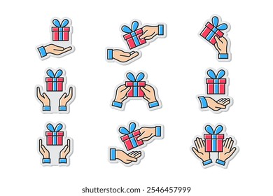collection of hand holding gift stickers, giving and receiving gift stickers