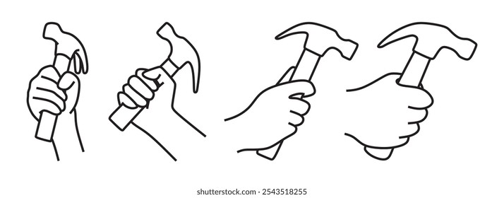 collection of hand holding hammer icons, black and white art, line thickness can be changed