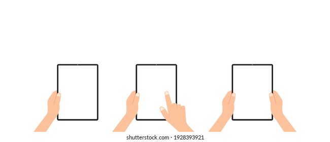 Collection hand holding tablet in flat style.